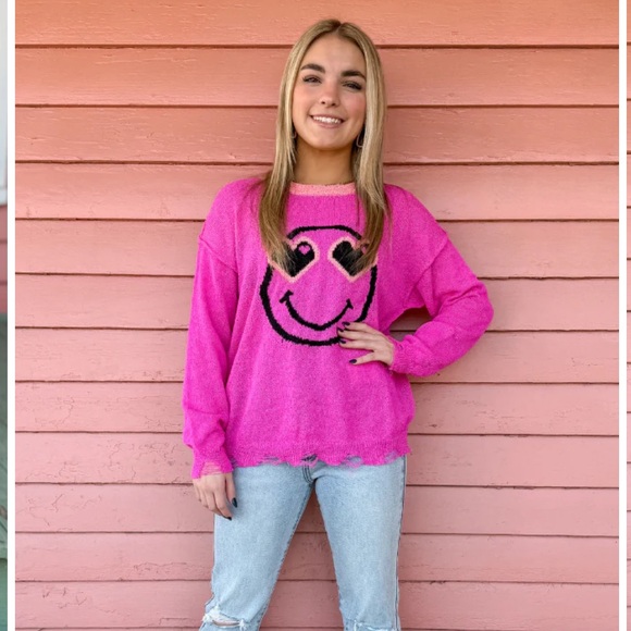 easel Sweaters - ❄️177. NWT easel Pink Smiley Face Distressed Long Sleeved Sweater
